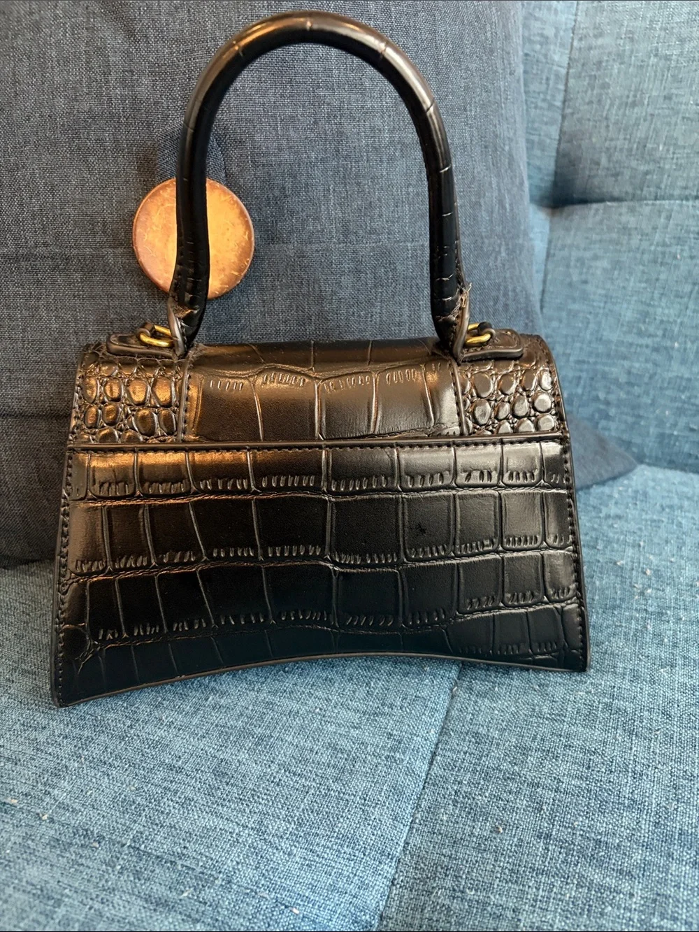 Black Croc-Embossed Mini Top Handle Bag with Gold 'B' - Picture 2 of 4